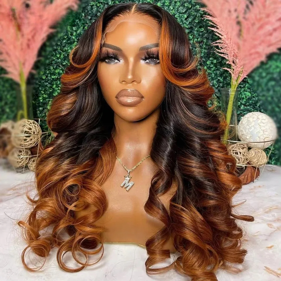 Ombre Ginger Brown Human Hair Pre Plucked Brazilian Body Wave Front Wigs Transparent Lace for Black Women