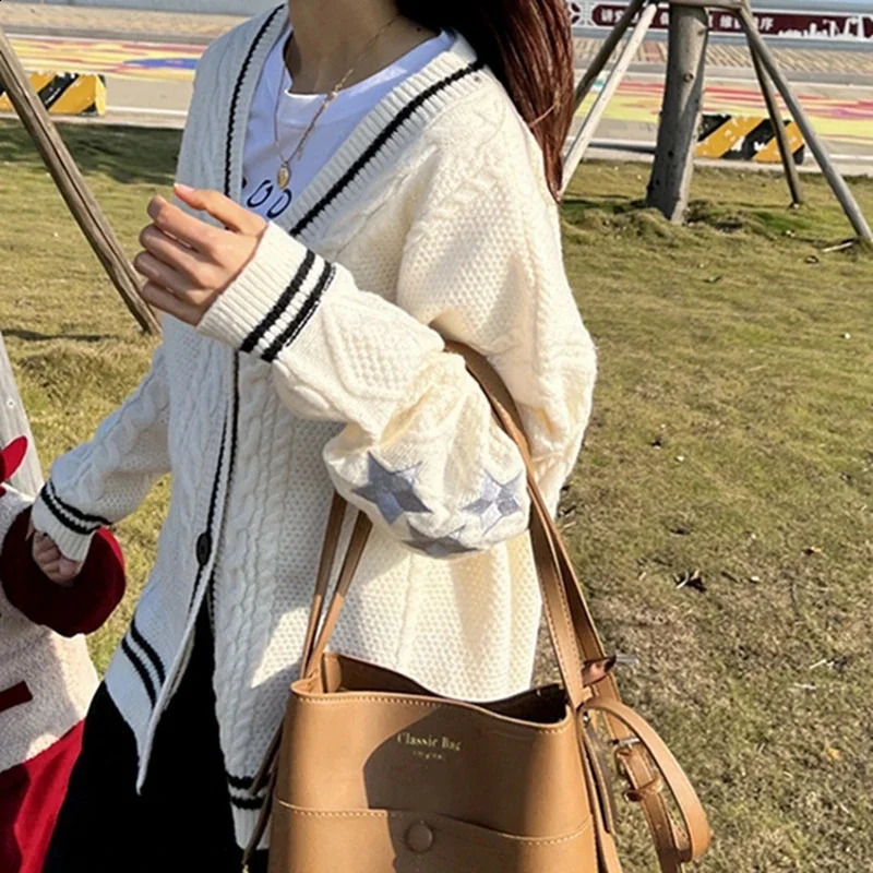 Winter Loose Knitted Cardigans Coat Star y Y2K Women Sweaters Streetwear Vintage Casual Single Long Sleeve Top 250113