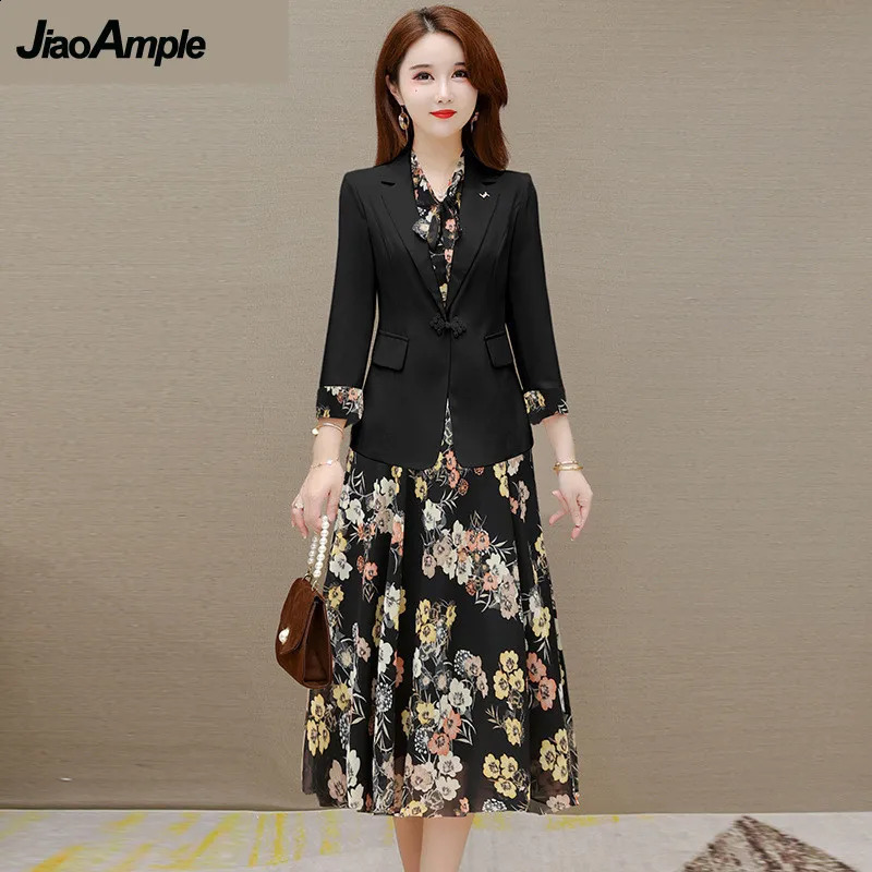 Womens Elegant Suit Jacket Floral Dress Two-piece Korean Casual Blazers Business Dresses Set Female Clothing Midi Skirt Suit 250113