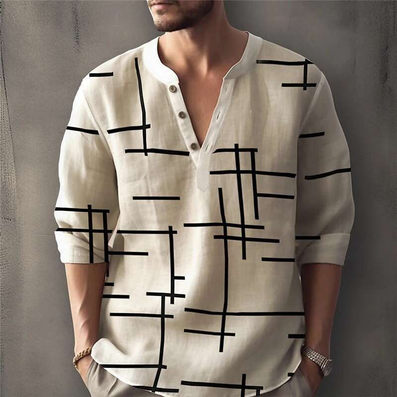 Abstract Striped 3D Printed Henry Shirt Men's Fashion Streetwear Oversized Button Long Sleeved Designer T-shirt T-shirt Top Men's Clothing