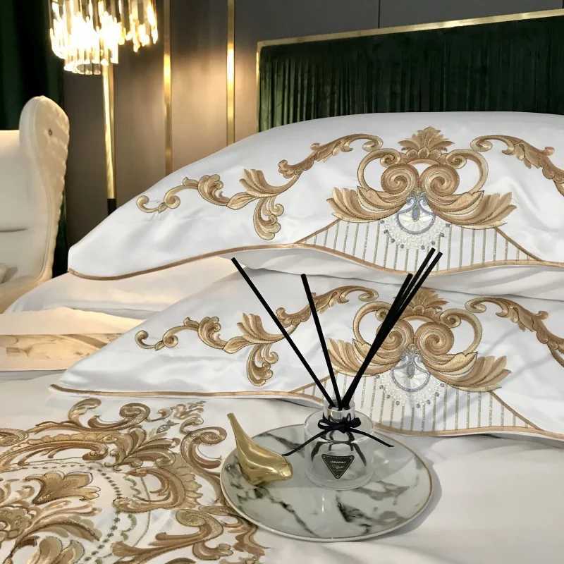 Bedding sets White Bedding Set 60S Satin Cotton Royal Gold Embroidery Soft Duvet Cover Set Bed Sheet cases 4 Pcs 5Pcs H250113