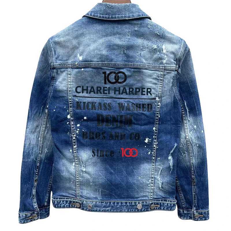 100 CHAREI HARPER 1902 Autumn/Winter fashion mens denim coat jacket Ripped patch paint point long sleeve denim coat trend X250113