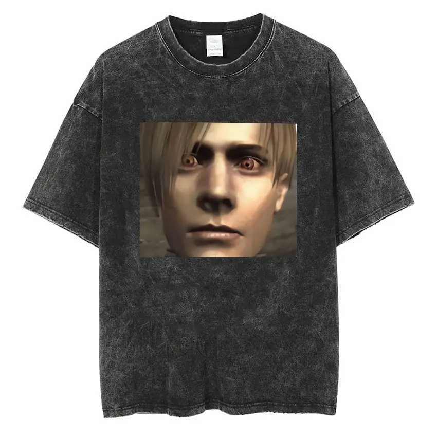 Vintage Washed Leon S Kennedy Resident Evil 4 T Shirt Mens Gothic Punk Short Sleeve T-Shirts Fashion Harajuku Oversized T-shirt X25011312