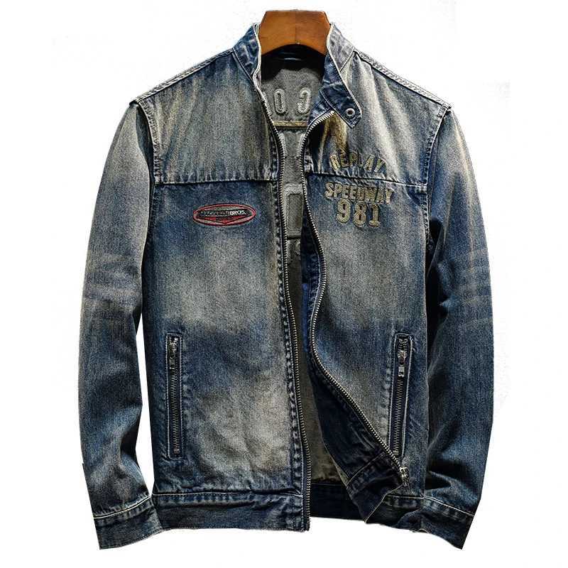 High-end fashion letters embroidered stand collar denim coat for men 2024fall mens clothing slim-fit retro fashion denim jacket X250113