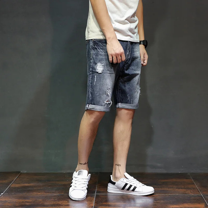 Summer Mens Denim Shorts Fashion Slim Fit Elastic Cotton Blue Wash Ripped Jeans Male Clothes 250103