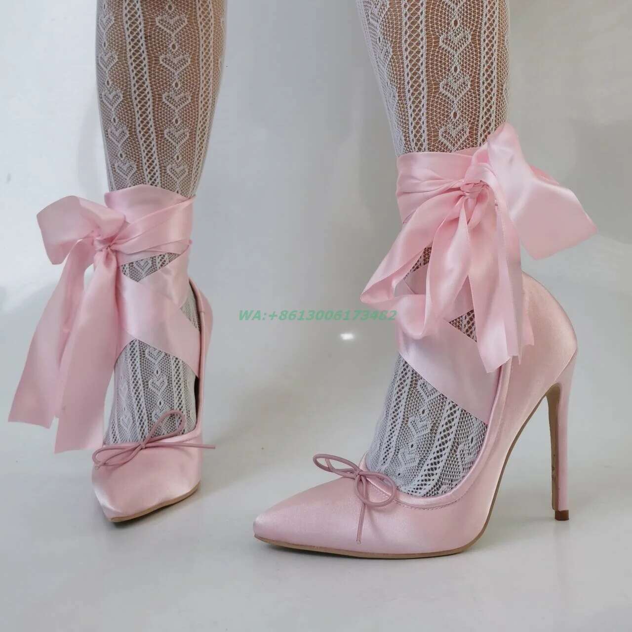 Sweet Girl Satin Ballet Design Women Pointed Toe Pink Bow Ankle Lace Up Stiletto High Heels Plus Size