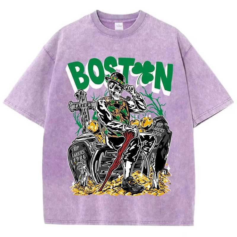 American Vintage T-Shirts For Men/Women Boston Skeletons Smoking Cotton T-Shirt Washed With Old Water Personality T Clothing New X250607