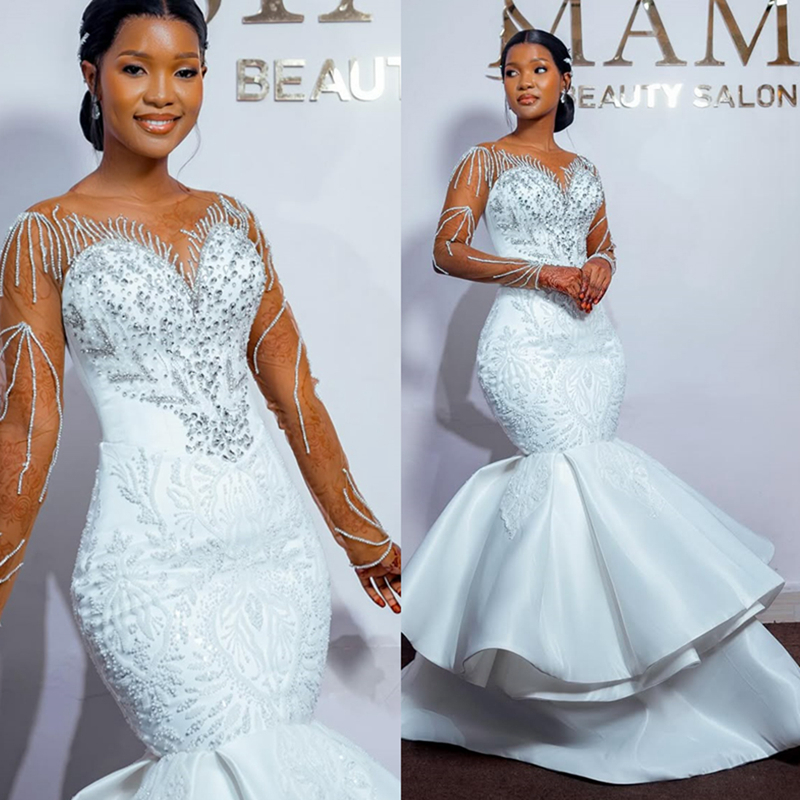 2025 Plus Size Wedding Dress Bridal Gowns For Bride Mermaid Sheer Neck Long Sleeves Illusion Beaded Lace Wedding Gowns For Black Women D460