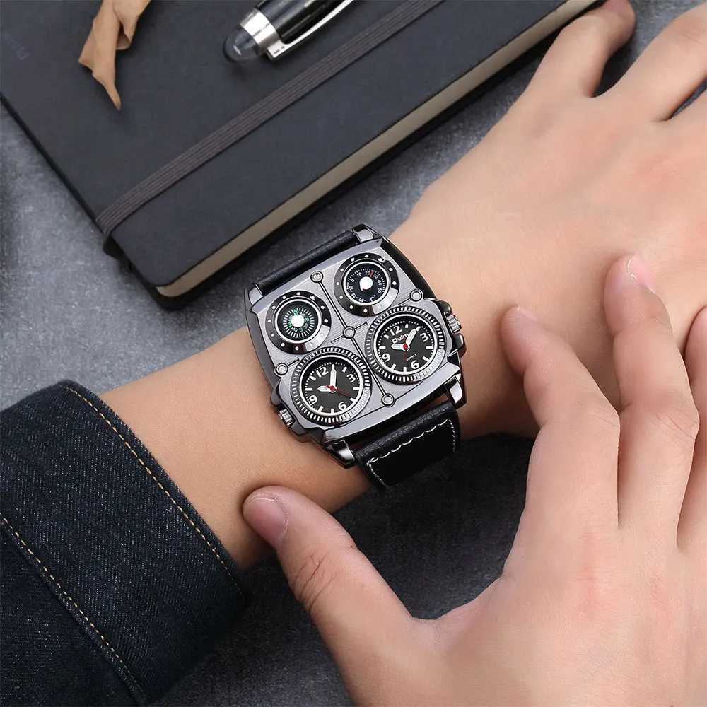 New Arrival Ohm Mens Watch Dual Zone Army Pilot Style Large Size Military Quartz Watch Mens Leather Strap Watch Z2450113