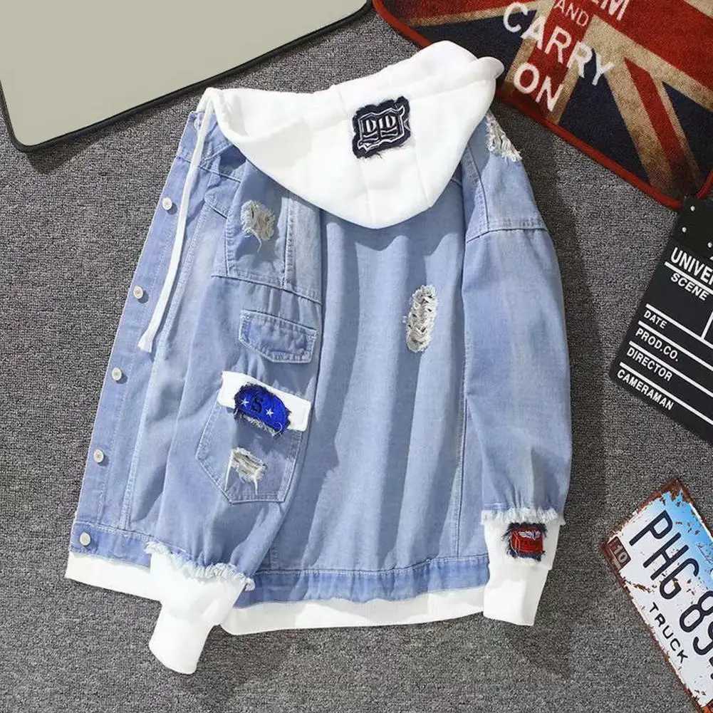 Trendy Denim Jacket Male Jean Jacket Buttons Ripped Drawstring Denim Jacket Daily Wear X250113