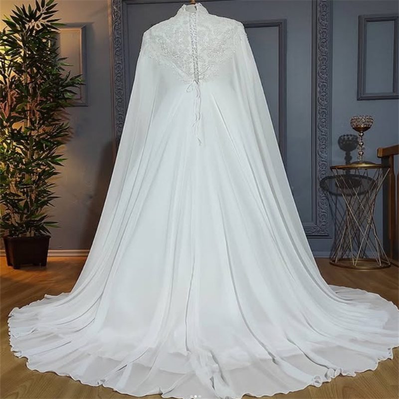 Exquisite Muslim Wedding Dress Caped Moroccan Caftan Dubai Civil Bride Derss Long Sleeve Islamic Caucasian Bridal Dress Modern Lace Country Vestio De 