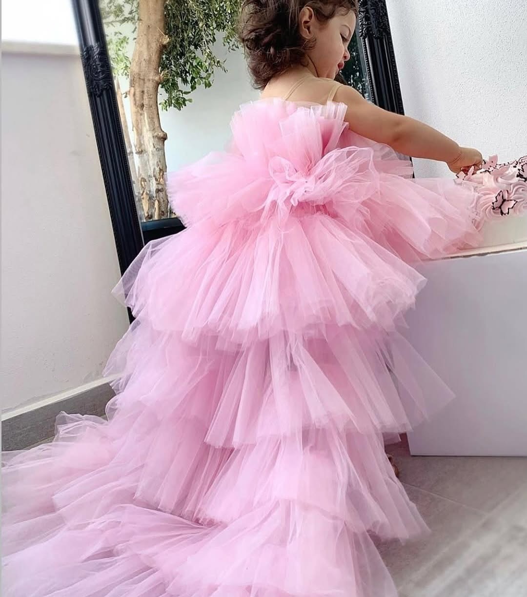 High Pink Low Princess Wer Girl Dresses For Wedding Sheer Jewel Necke Toddler Pageant Gowns Tulle Tiered Birthday Party Dress