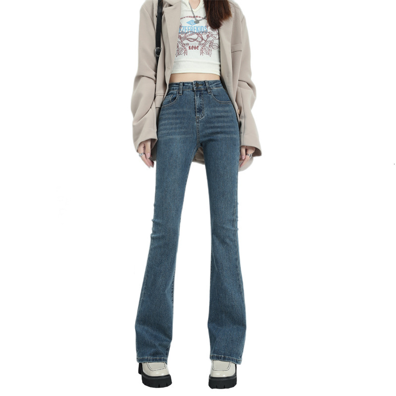 Autumn and winter fleece high waisted elastic micro flared jeans for women, slim fit and slim look, retro horseshoe floor pants