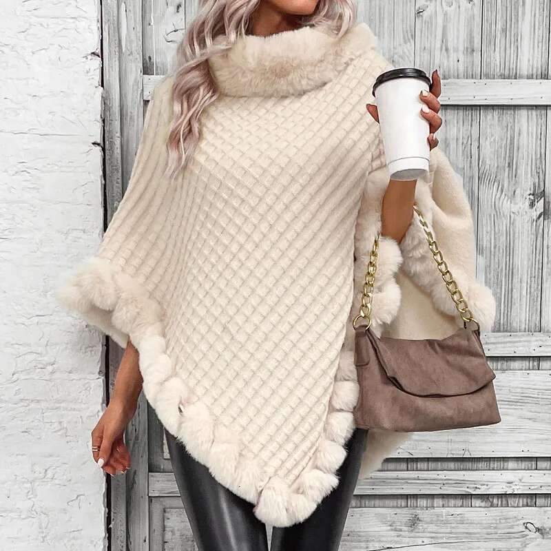 Fashion Plaid Stripes Faux Fur Pullover Cape Coat Women Autumn Winter Knit Poncho Cloak Wraps Travel Leisure Party Shawl