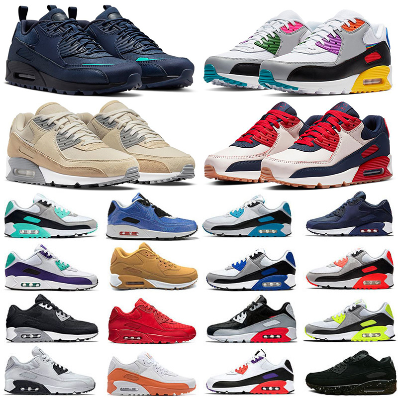 Designer 90 Running Shoes Men Women Fashion Shoes Leather Mesh Triple Black White Red Blue Light Smoke Grey Sneaker Trainers Outdoor Sports Tennis Eur 36-45