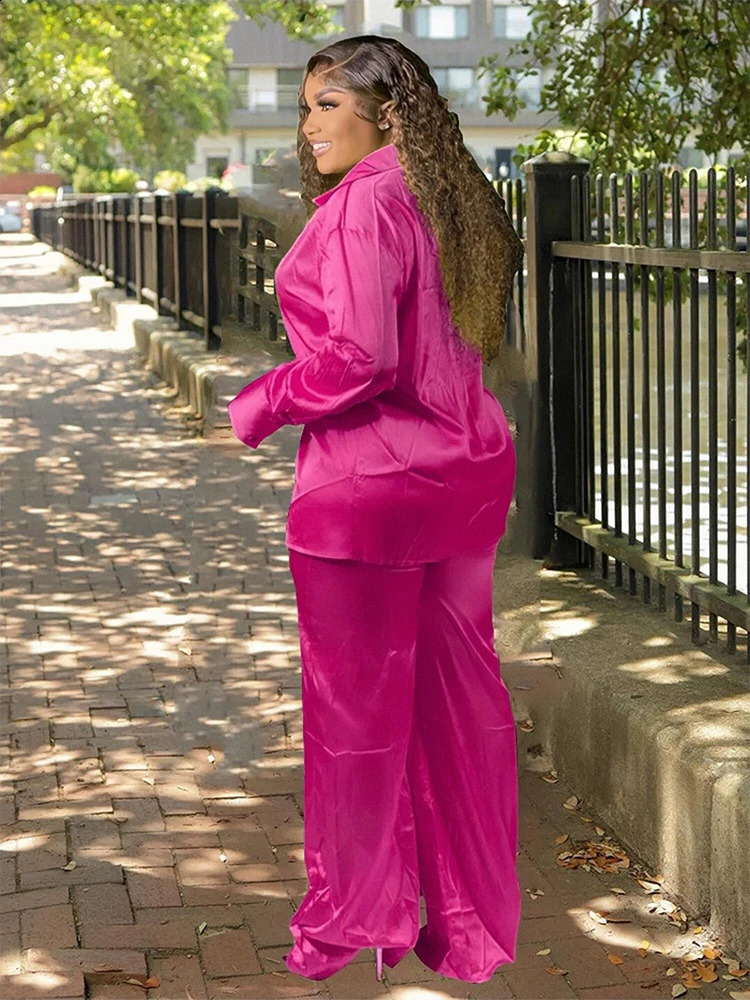 Two piece womens clothing set long sleeved shirt satin pants plus size casual wholesale bulk direct y250122
