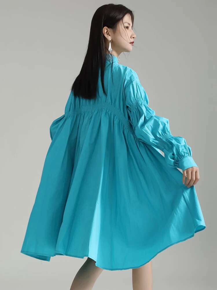 Women Blue Irregular Pleated Big Hem Shirt Dress New Stand Neck Long Sleeve Loose Fashion Tide Spring Autumn 2025 1Df9549
