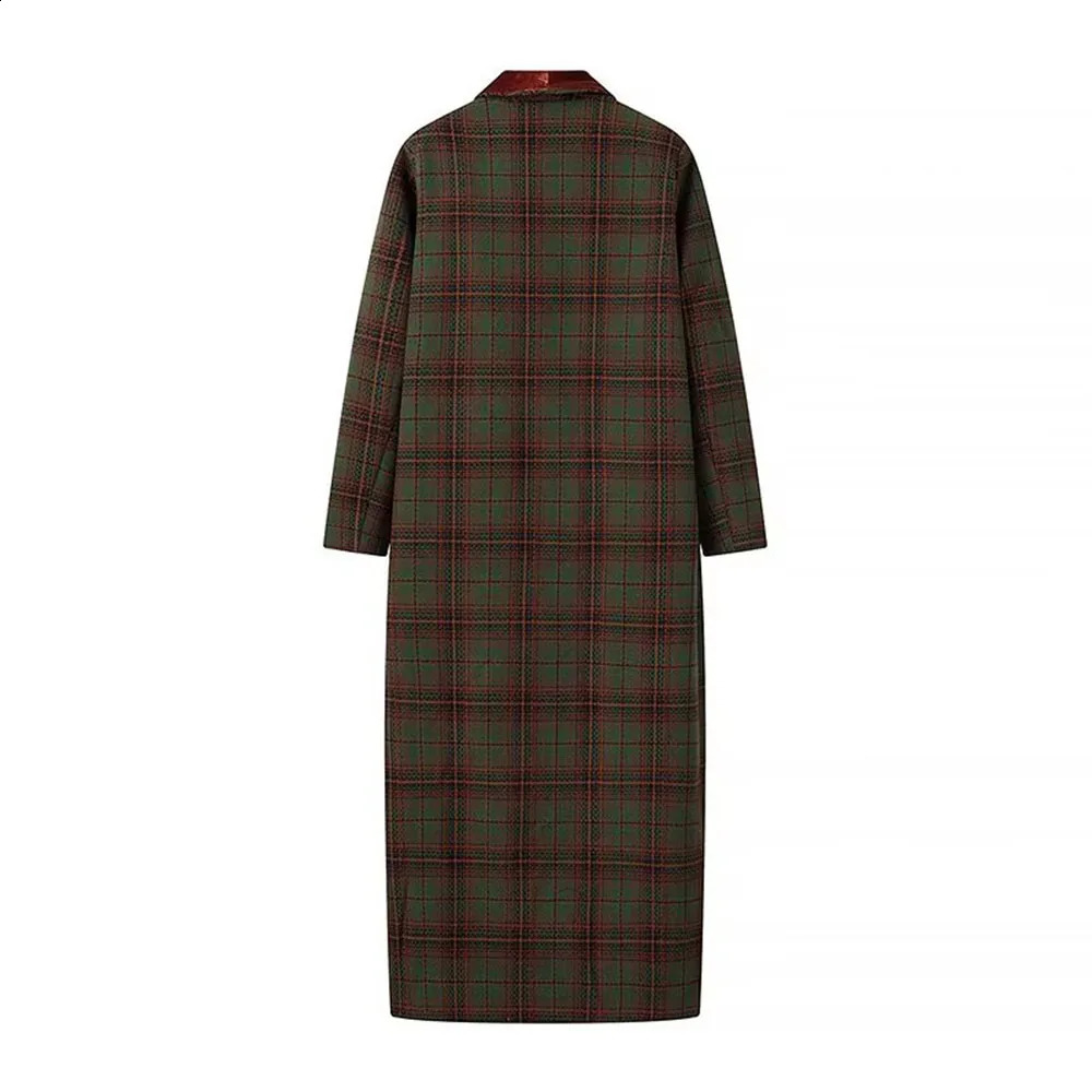 AutumnWinter Womens Casual Fashion Versatile Collar Pocket Checkered Wool Long Coat 250102