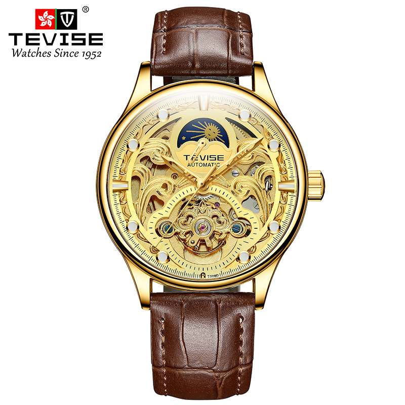 TEVISE Designer Watch Automatic Mechanical Watch Mens Watch Hollowed-out MoonWatch Business and Casual Leather Strap Waterproof Function T064-T820D