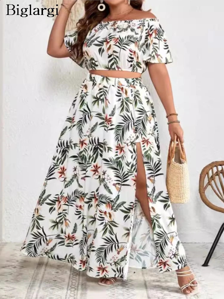 Plus Size Summer 2 Two Piece Set Women Off Shoulder Sexy Ladies Cropped Blouses Irregular Split Modis Ruffle Pleated Woman Skirt 250106