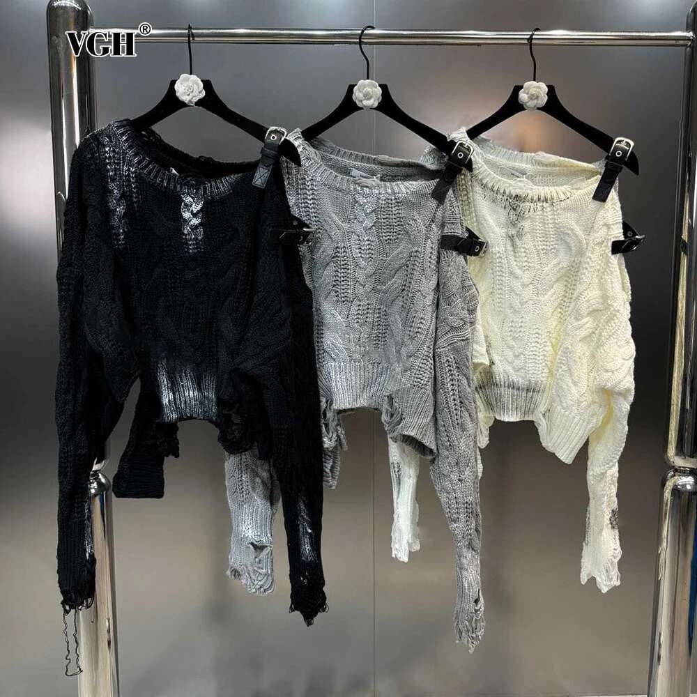 VGH Hit Color Hollow Out Loose Knit Sweater For Women Round Neck Long Sleeve Spliced Belt Pullover High Street Sweaters Female