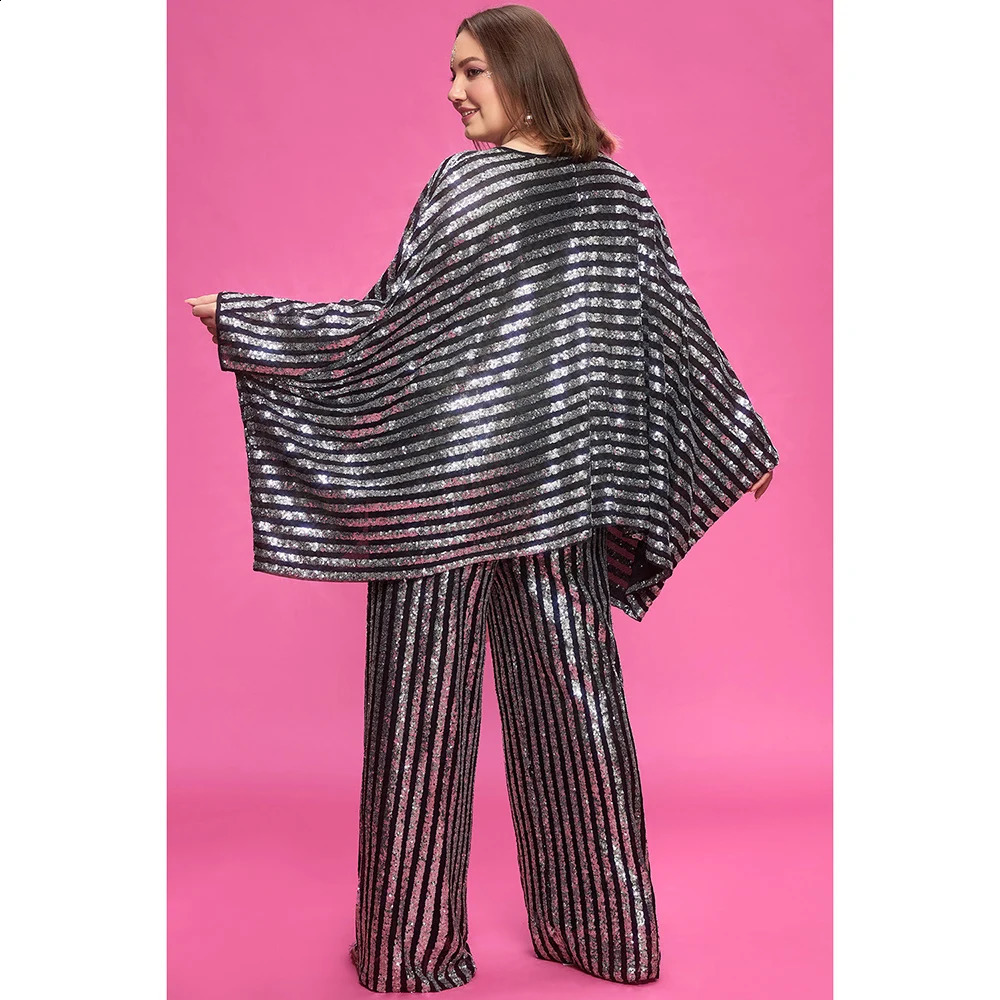 Plus Size Party Silver Fall Winter V Neck Batwing Sleeve 34 Pocket Sequin Two Piece Pant Sets y250122