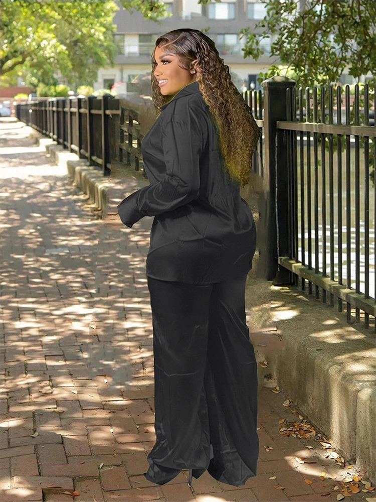Two piece womens clothing set long sleeved shirt satin pants plus size casual wholesale bulk direct y250122