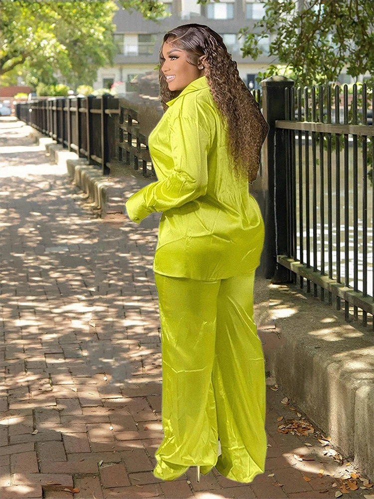 Two piece womens clothing set long sleeved shirt satin pants plus size casual wholesale bulk direct y250122