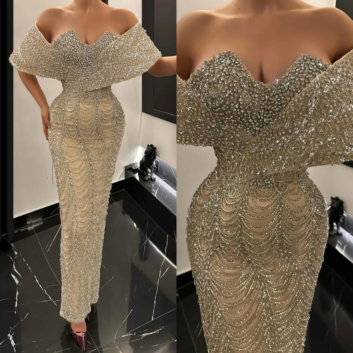 Gorgeous Evening Dresses For Women Sweetheart Neck Off Shoulder Sleeveless Gown Crystal Sequins Customized Dress Party