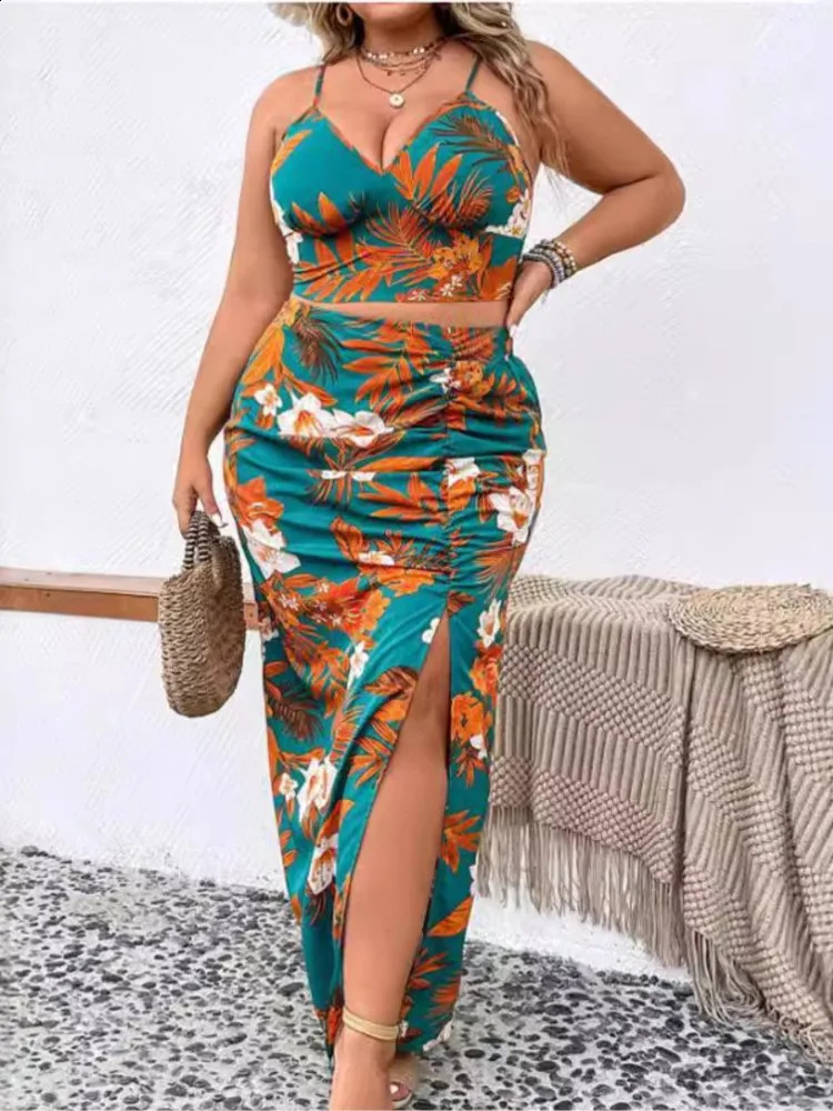 Plus Size Summer Floral Print 2 Two Piece Set Women Sleeveless Sexy Fashion Ladies Cropped Slip Tops Split Pleated Woman Skirts 250106