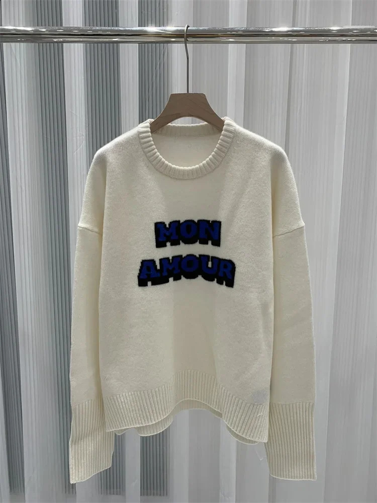 Letters Ladies Round Neck Pullover Tops 100% Cashmere 3 Colors Knit Sweater for Women Spring 250113
