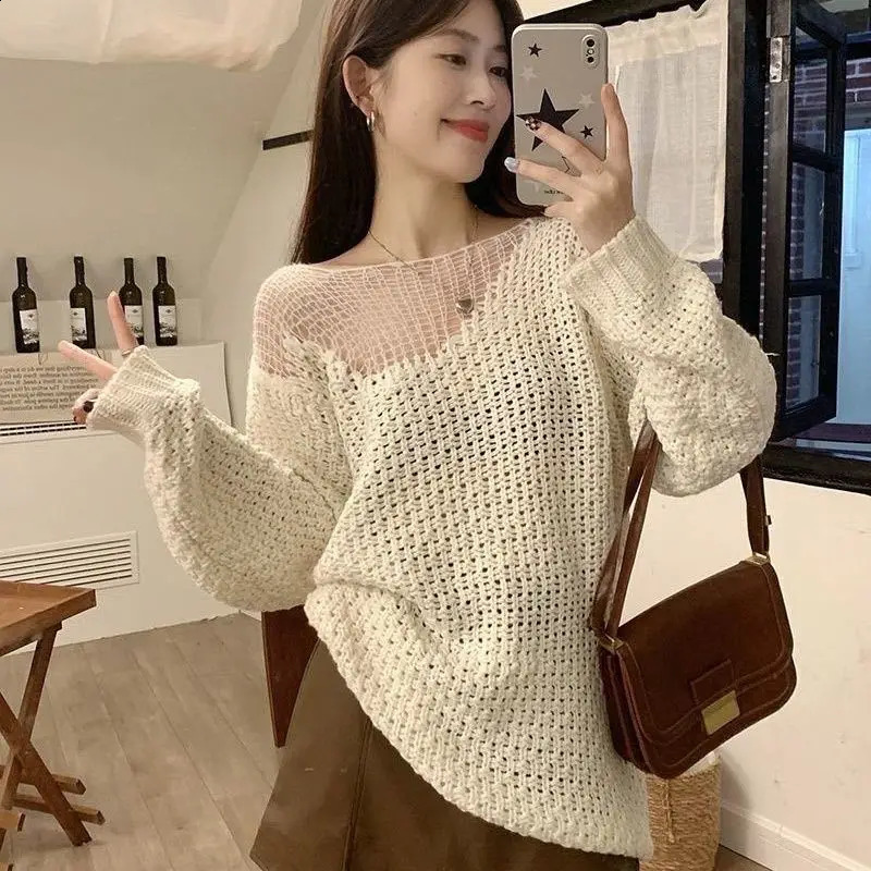 Sweater Women Mid-Length Loose Knitted Sweater Lazy One-Shoulder Off-The-Shoulder Top 250107