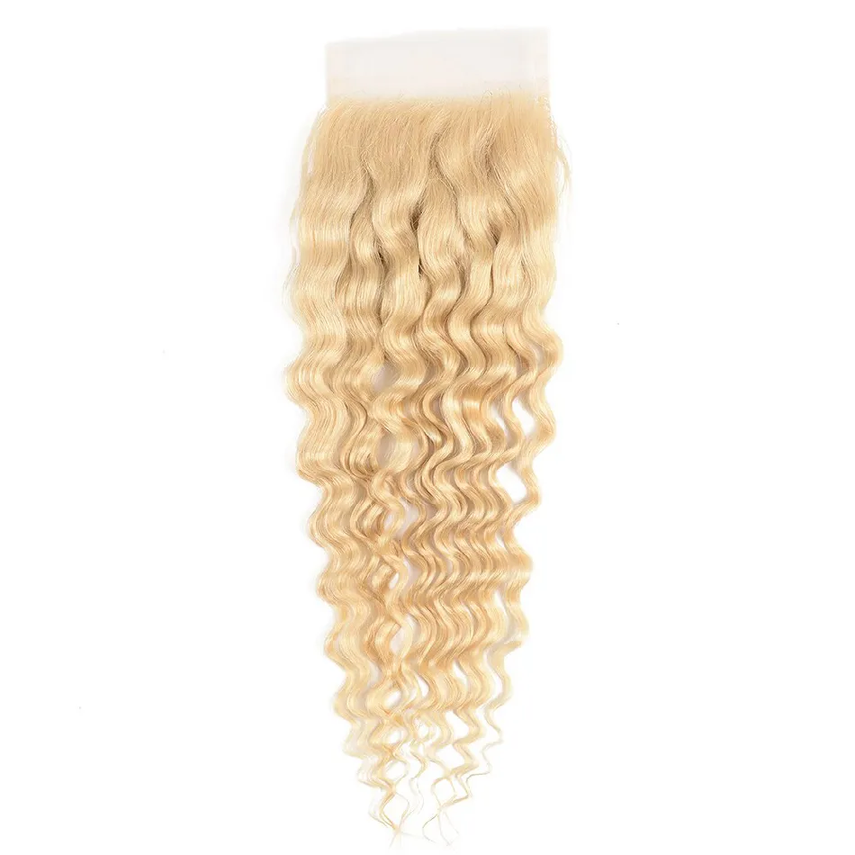 Free shipping Platinum Blonde 613 Deep Wave Closure Pre Plucked Bleached Knots Remy Human Hair 4x4 Lace Closures