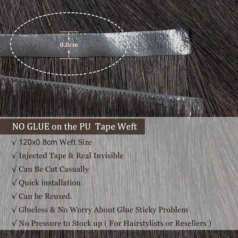 Invisible long tape PU webbing human hair bundle truly natural hair seamless and glue free injection tape hair extension thick end W250113