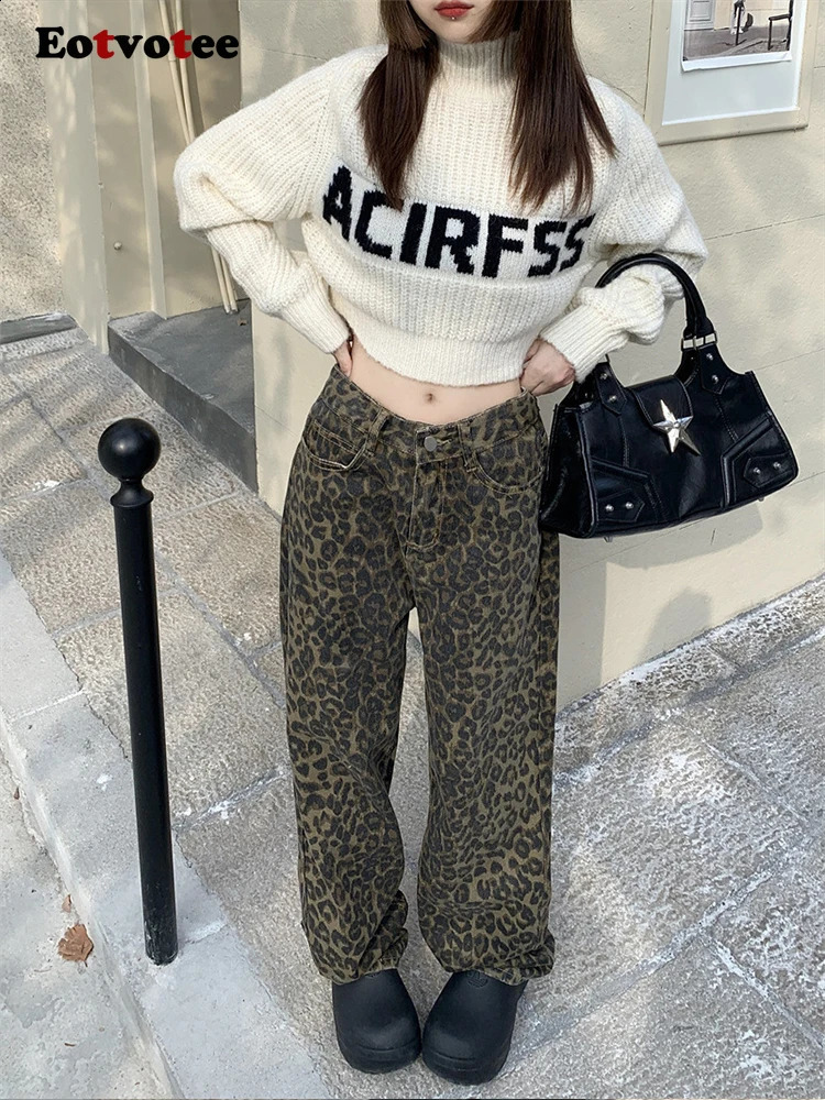 EOTVOTEE American Casual Leopard Straight Pants Jeans for Women High Waist Loose Button Y2k Wide Leg Pants Women Jeans 250113