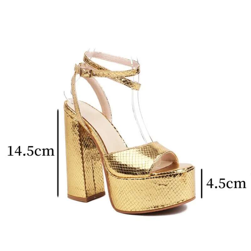Ochanmeb Women Crocodile Peep Toe Chunky High Heels Thick Platforms Shoes Lady Ankle Buckle Gold Sier Sandals Party 44