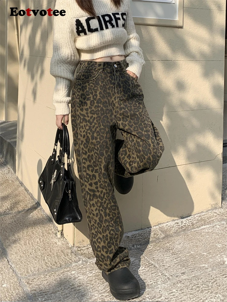 EOTVOTEE American Casual Leopard Straight Pants Jeans for Women High Waist Loose Button Y2k Wide Leg Pants Women Jeans 250113