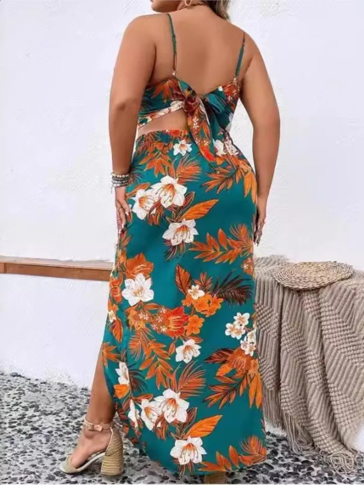 Plus Size Summer Floral Print 2 Two Piece Set Women Sleeveless Sexy Fashion Ladies Cropped Slip Tops Split Pleated Woman Skirts 250106