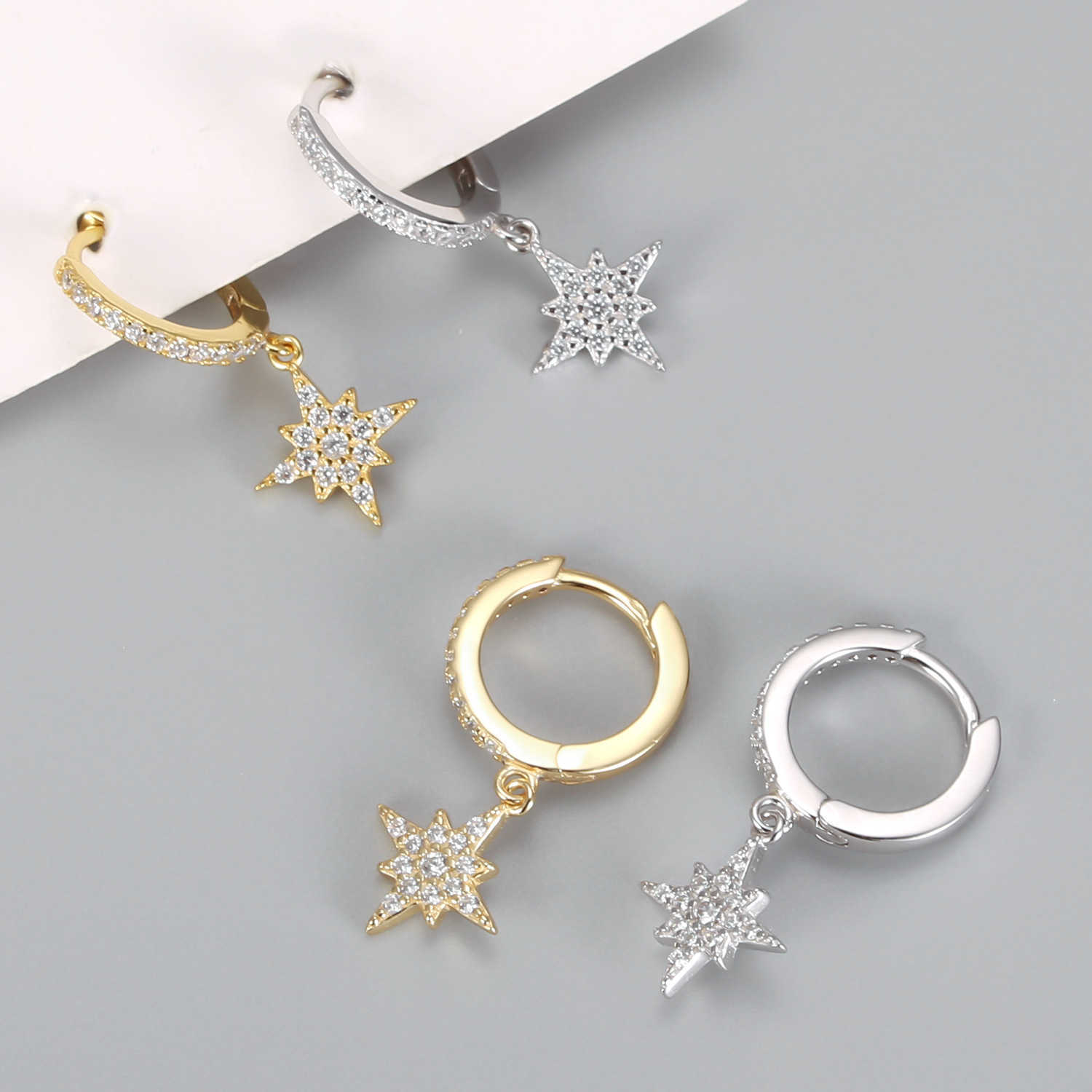 2021 NewJewelry 925 Sterling Silver EarJewelry Huggie Earrings Zircon Micro Pave Octagon Star Earrings