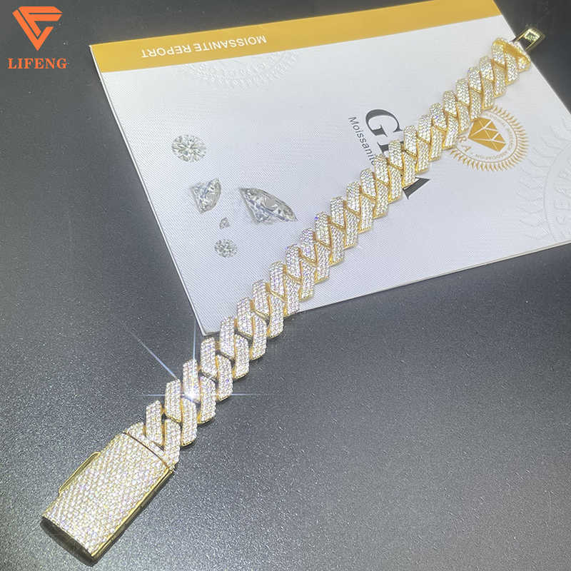 Hot Sale custom S925 Silver Cuban Link Bracelet 15mm Iced VVS Moissanite Diamond Yellow Gold Plated Hip Hop Jewelry Gift for Men