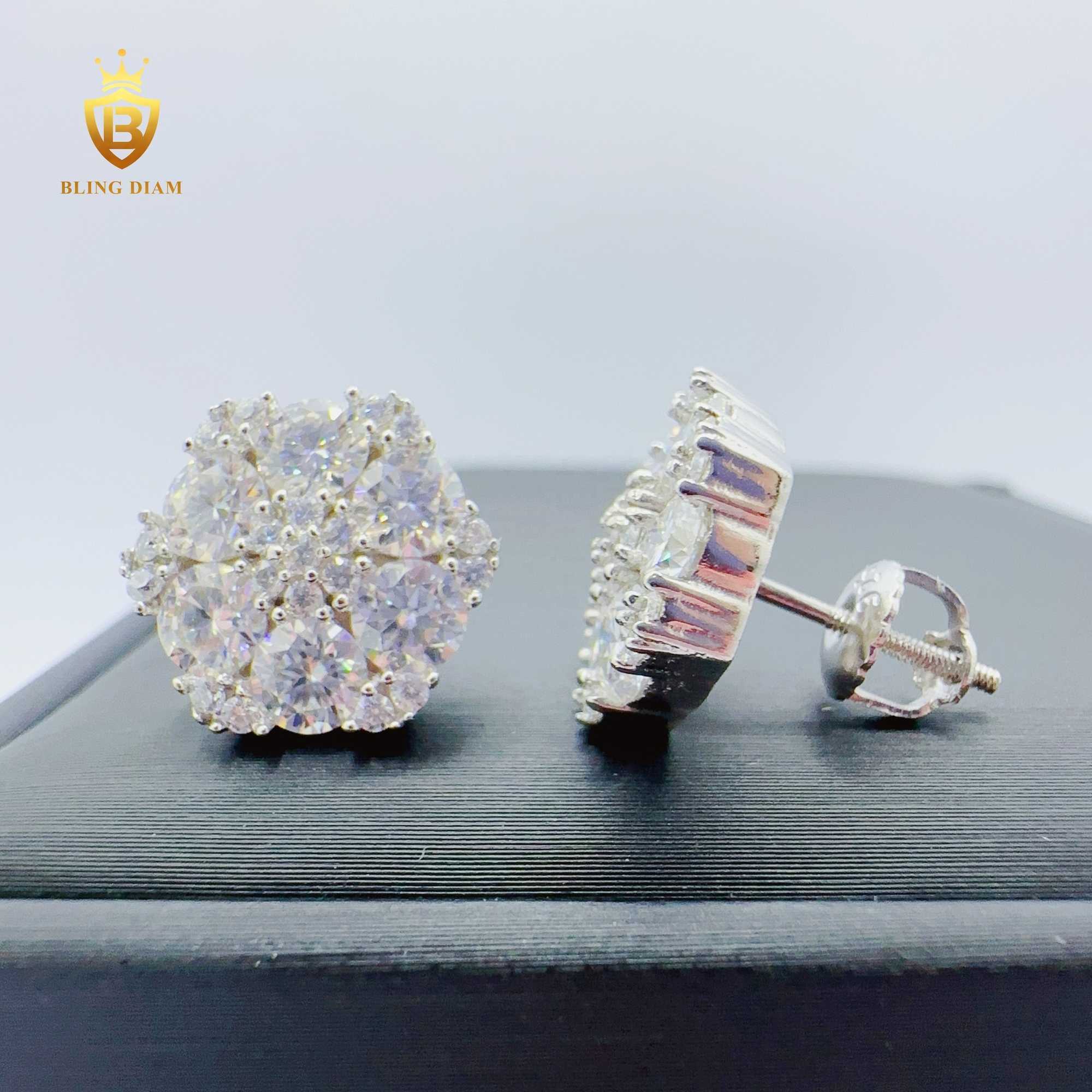 Blingdiam Moissanite Jewelry hip hop flower earrings 925 sterling Silver stud Earrings with GRA