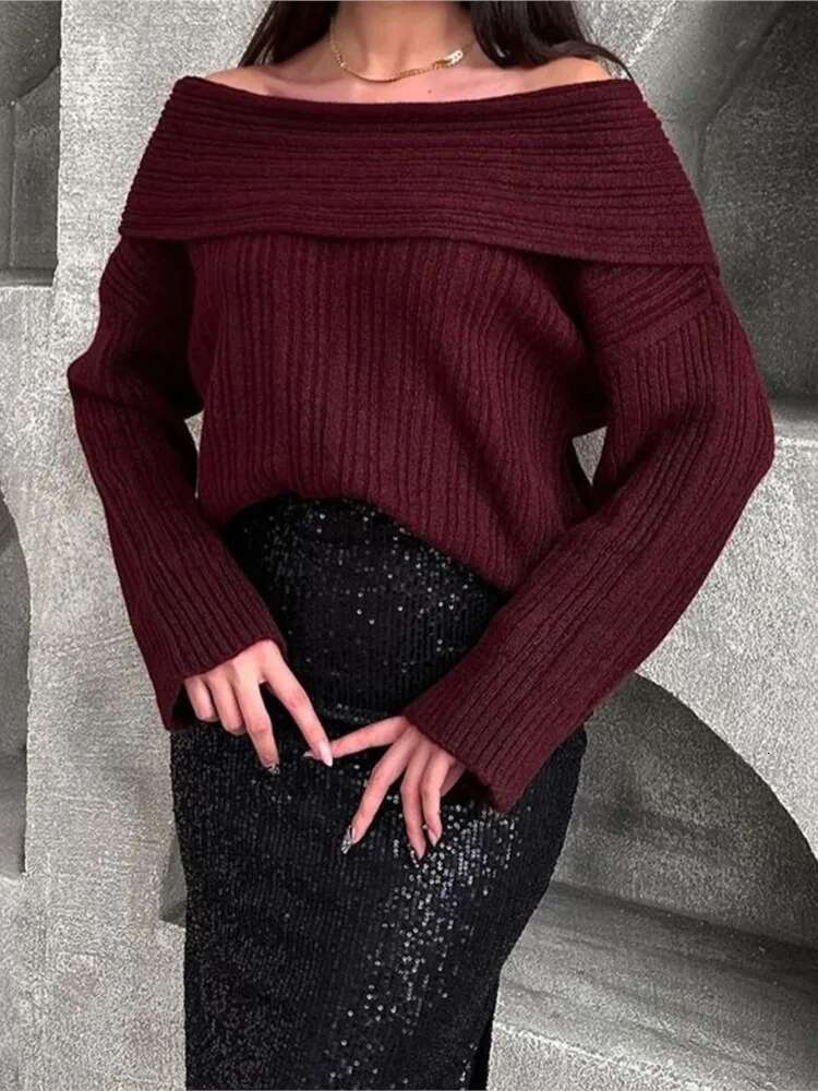 Women Sexy Solid One Neck Ribbed Sweater Fashion Off Shoulder Long Sleeve Knitted Pullover 2024 Autumn Lady Chic Street Knitwear