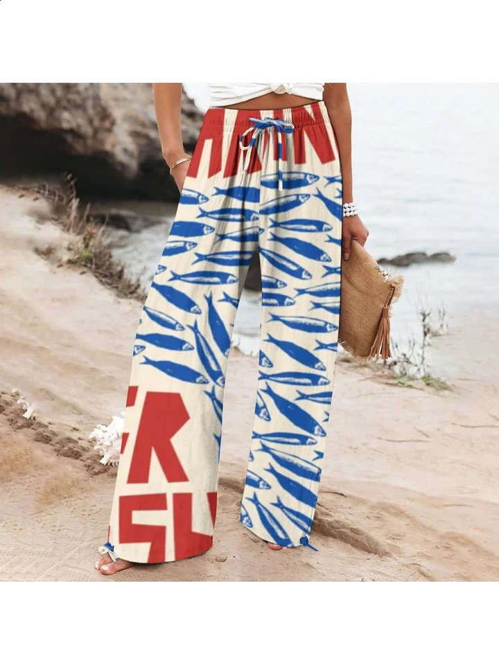 Womens Cotton Casual StraightLeg Pants Pocket n Loose Drawstring Strap WideLeg Sardine Graffiti Beach Chic 250102