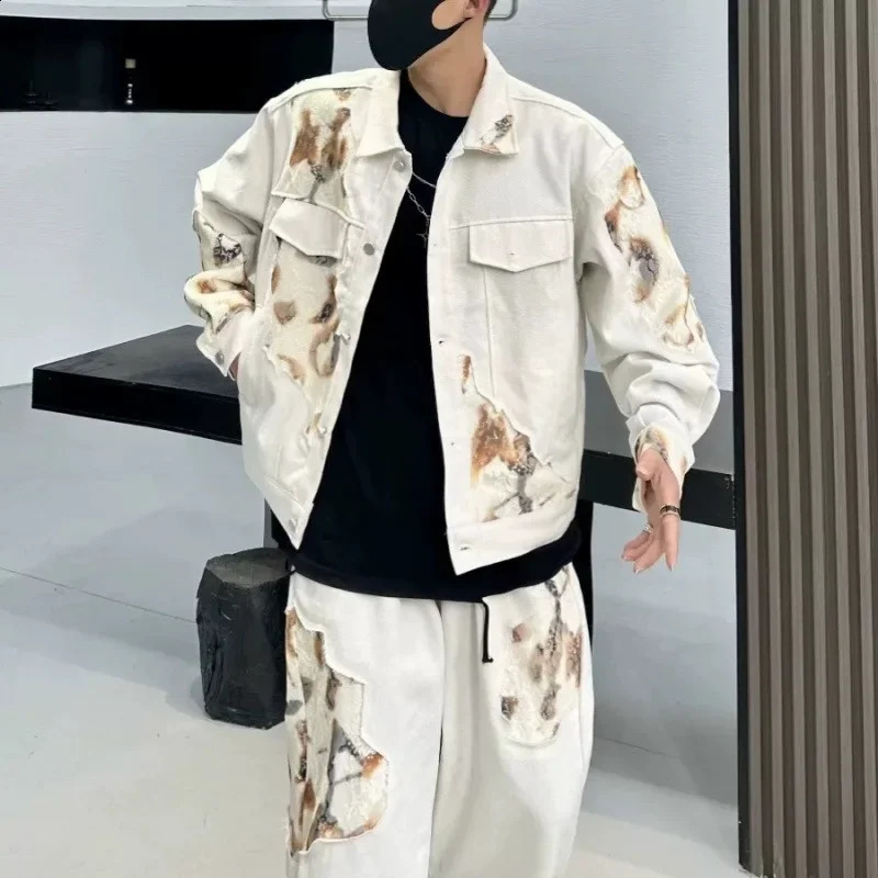 Unique Fire Burning Splicing Denim Suit Mens American Style Cropped Jacket Straight-Leg Trousers 2-Piece Set Casual Styl 250109