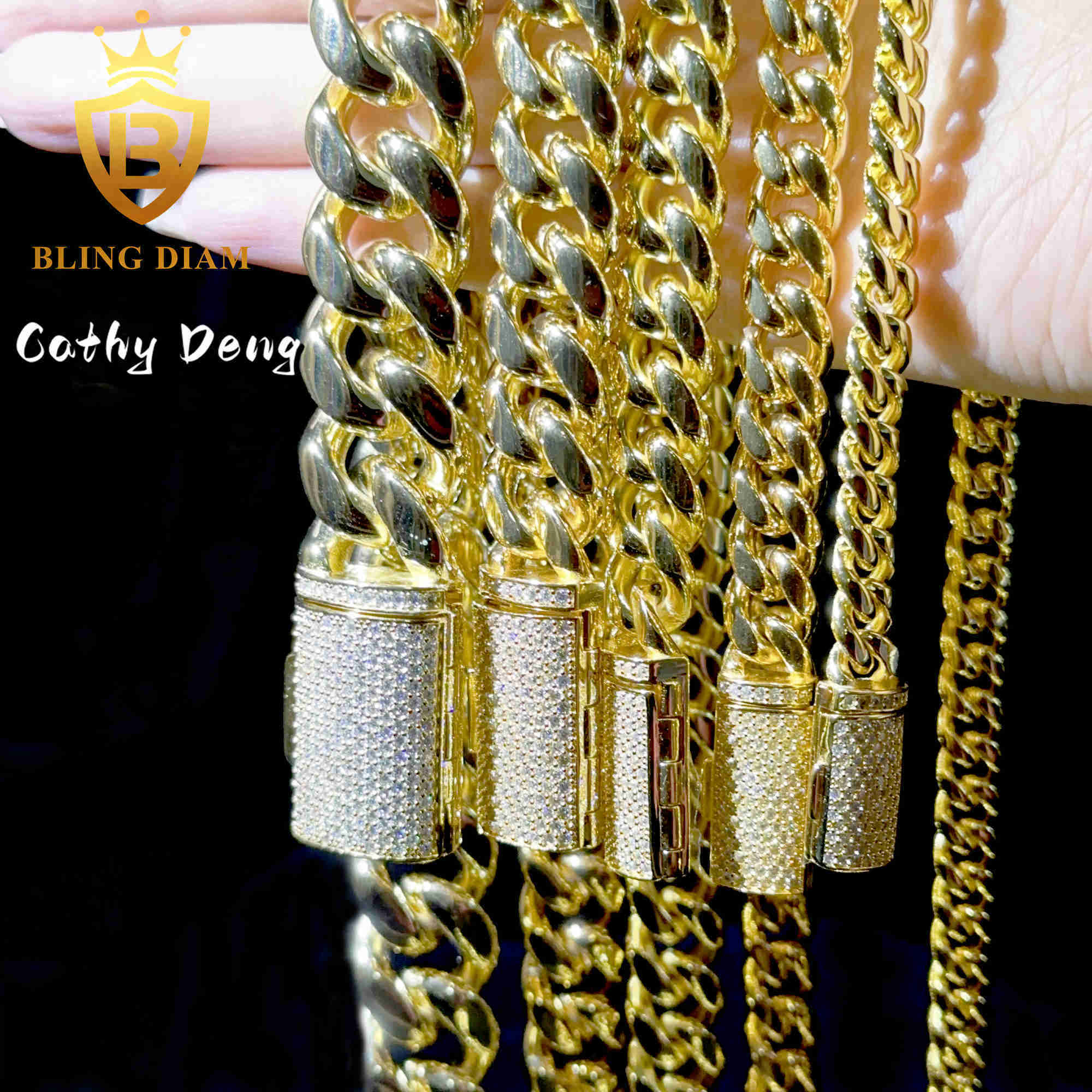 Ready Shipping 8mm 12mm 14mm 18mm 316L Stainless Steel Cuban Chain With 925 Silver Moissanite Clasp Miami Chain for men women