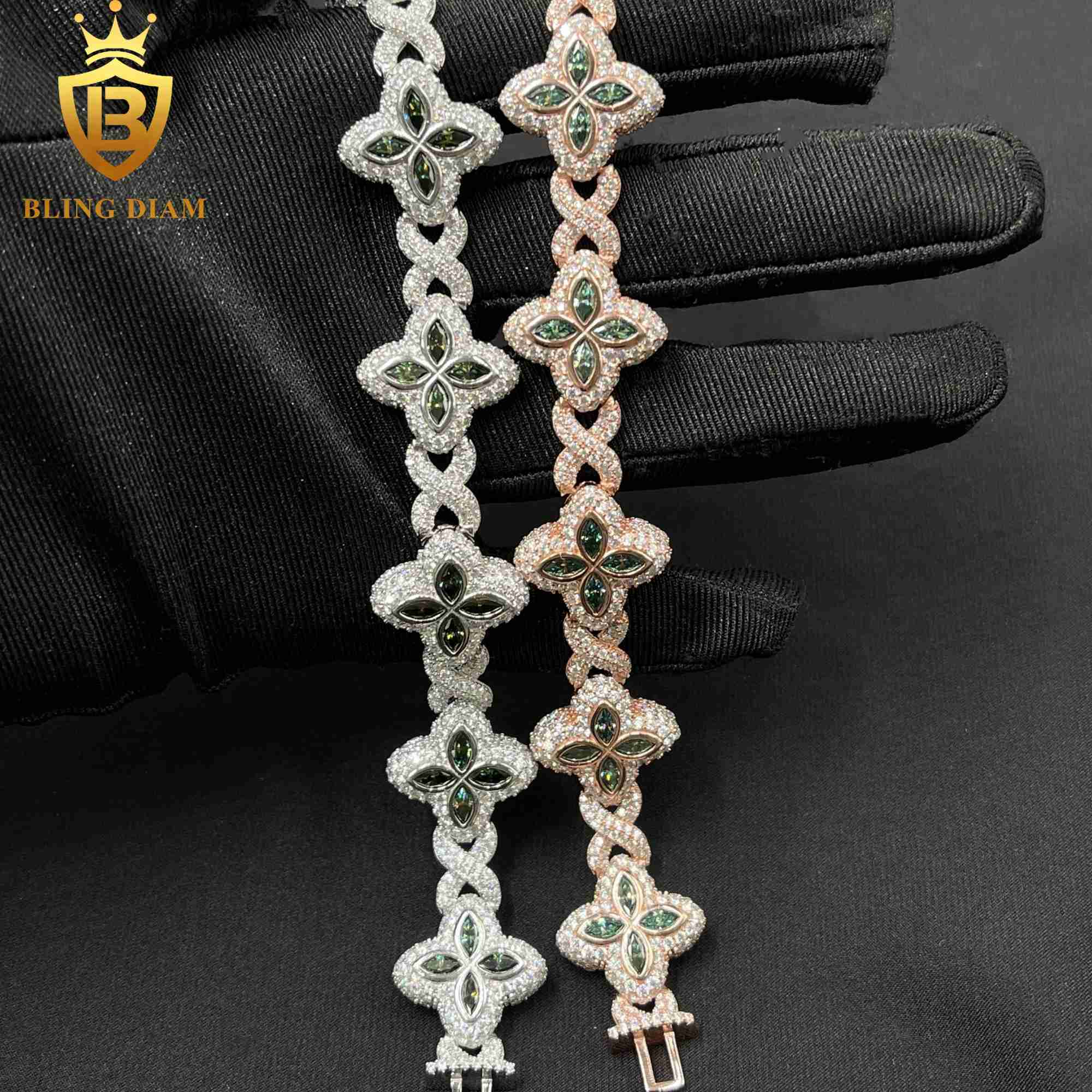 Hot Selling Design Hip Hop Jewelry Iced out Marquise Cuban Link Chain VVS Moissanite Four-Leaf Clover 18MM Bracelet