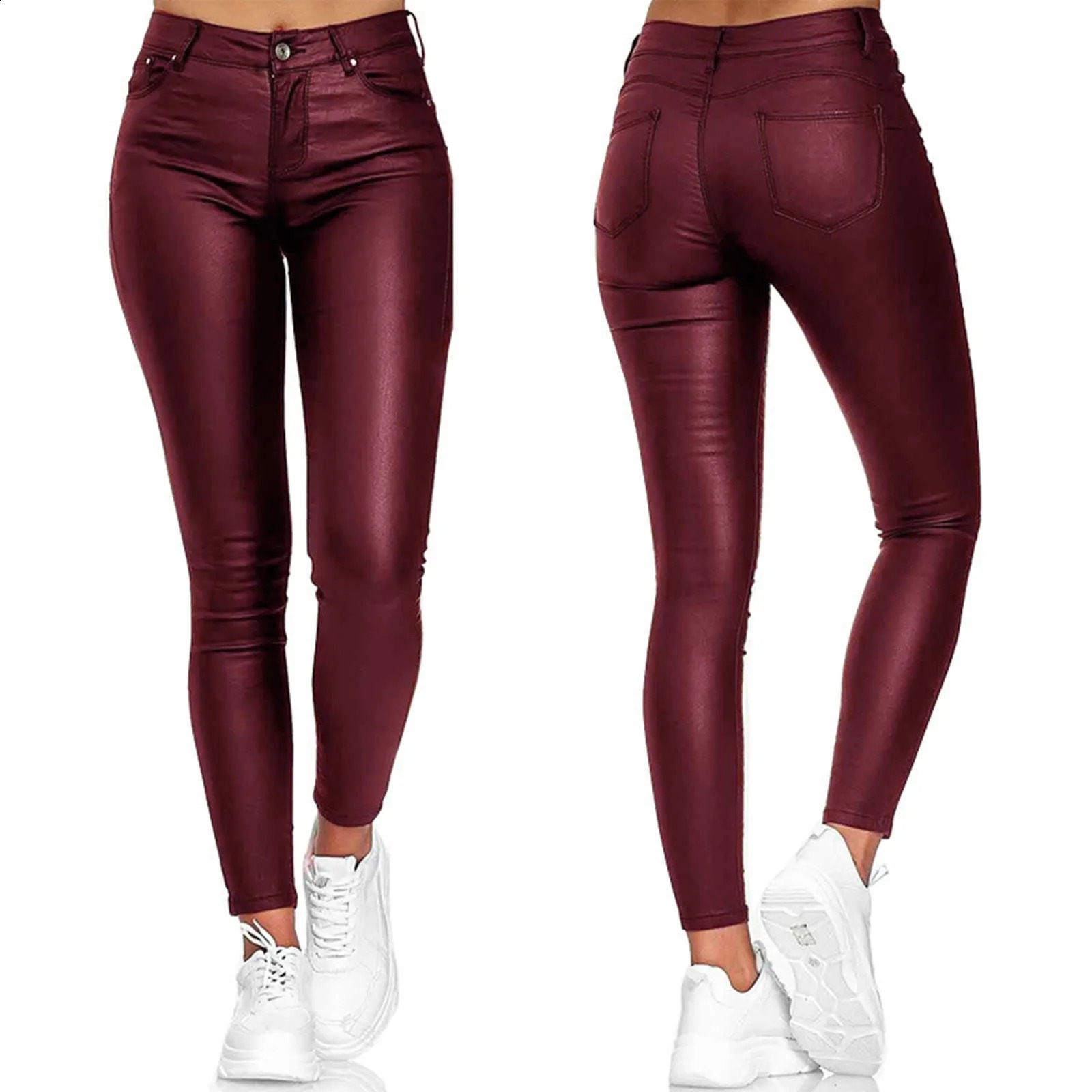 PU Leather Skinny Pants for Women Slim Fit Leggings Solid Casual Sexy Stretch Bodycon Trousers High Waist Pencil 250102