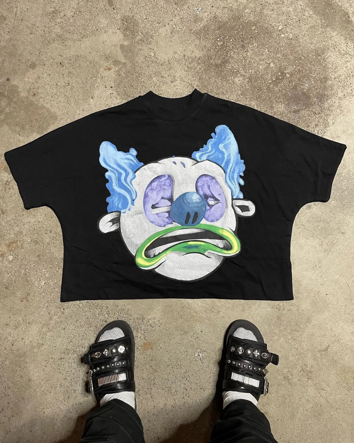 Y2K Gothic retro cartoon print round neck Tshirt mens street trend graffiti n pure cotton casual loose couple 250113