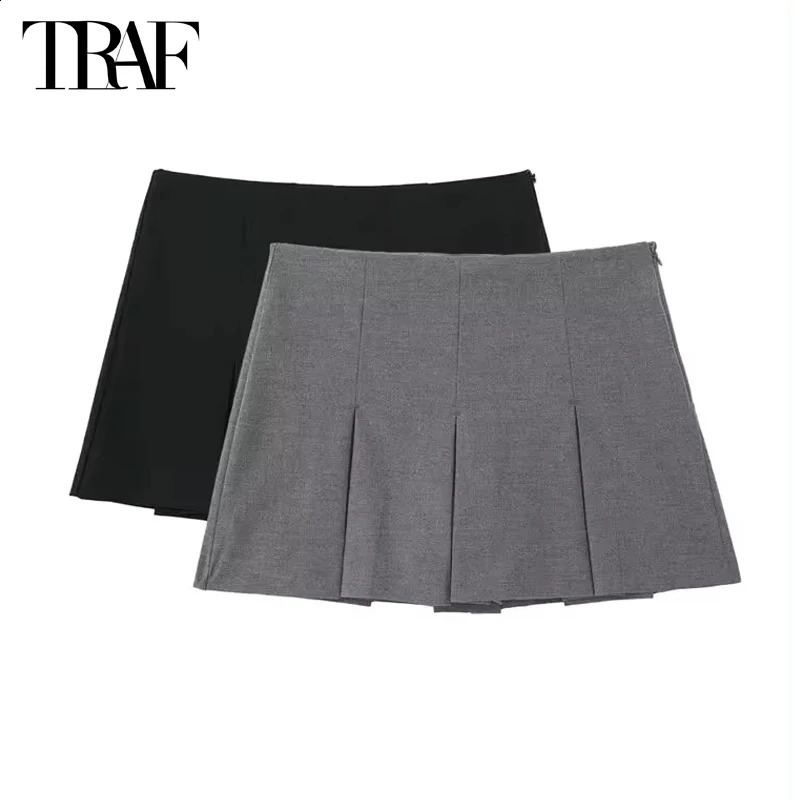 TRAF 2024 Pleated Skirt Shorts for Women High Waist Mini Short Summer Basic Skort Holiday Casual Ladies 250107