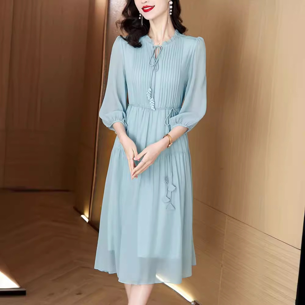 L7120 Mulberry silk dress women summer 2024 new three-quarter sleeve French large size loose silk dress